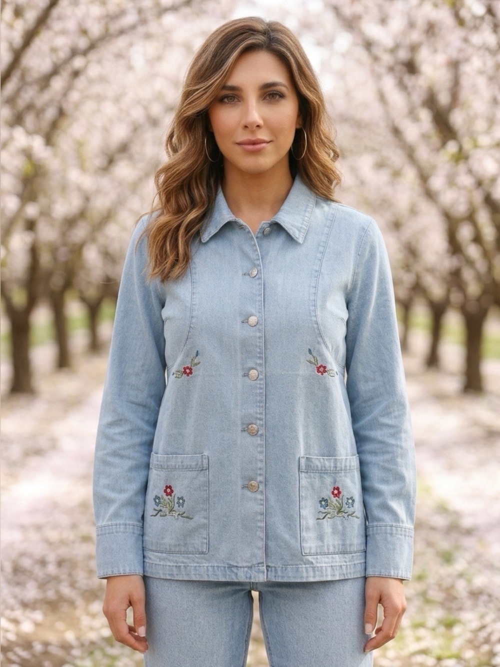 Light Blue Embroidered Denim Jacket - Women's Casual Jacket